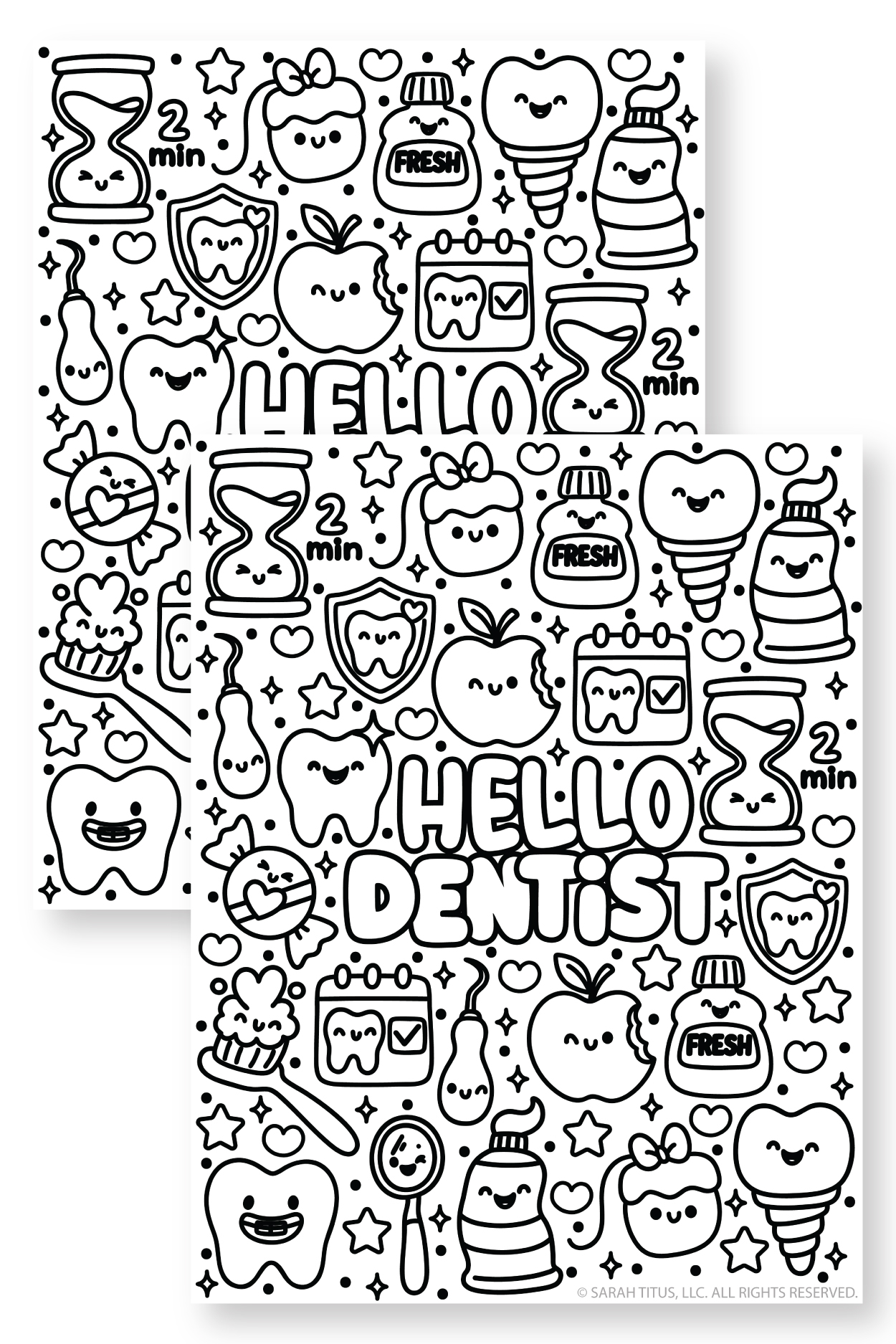 Hello Dentist coloring page for kids featuring fun dental health illustrations to make dentist visits less scary