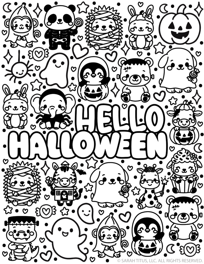 Hello Halloween coloring page with cute Halloween animals, ghosts, pumpkins, and kawaii characters for kids printable