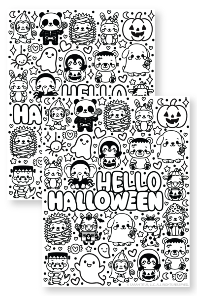 Cute Hello Halloween coloring page printable featuring adorable spooky animals and fun Halloween doodles for kids