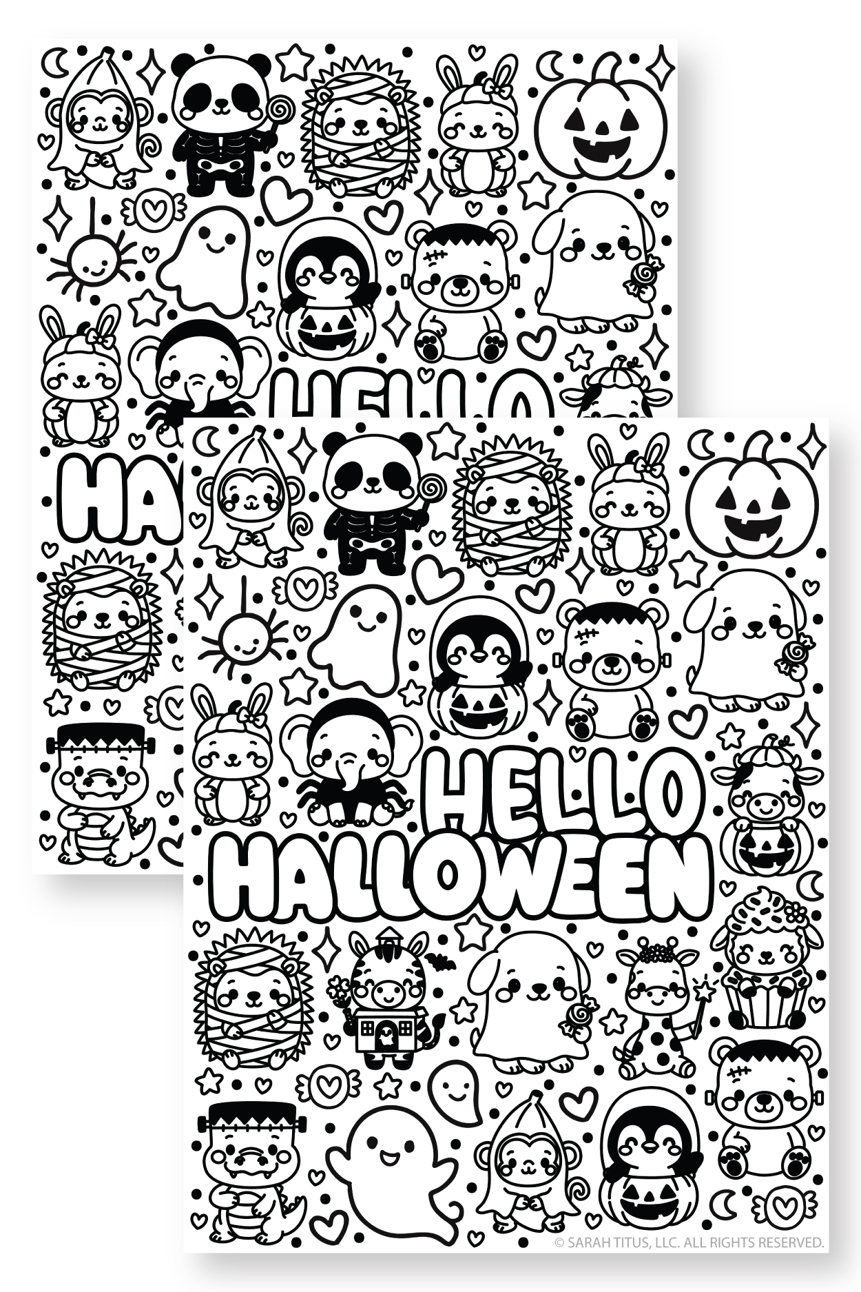 Cute Hello Halloween coloring page printable featuring adorable spooky animals and fun Halloween doodles for kids