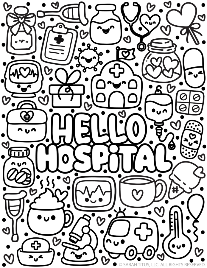 Hello Hospital coloring page with cute medical doodles, doctors, nurses, ambulance, and hospital icons printable for kids