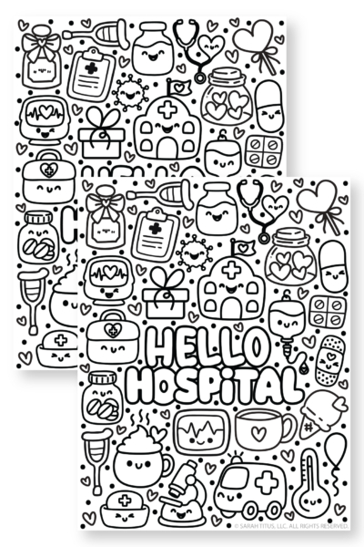 Cute Hello Hospital coloring page printable featuring adorable medical tools, hospital scenes, and friendly healthcare characters