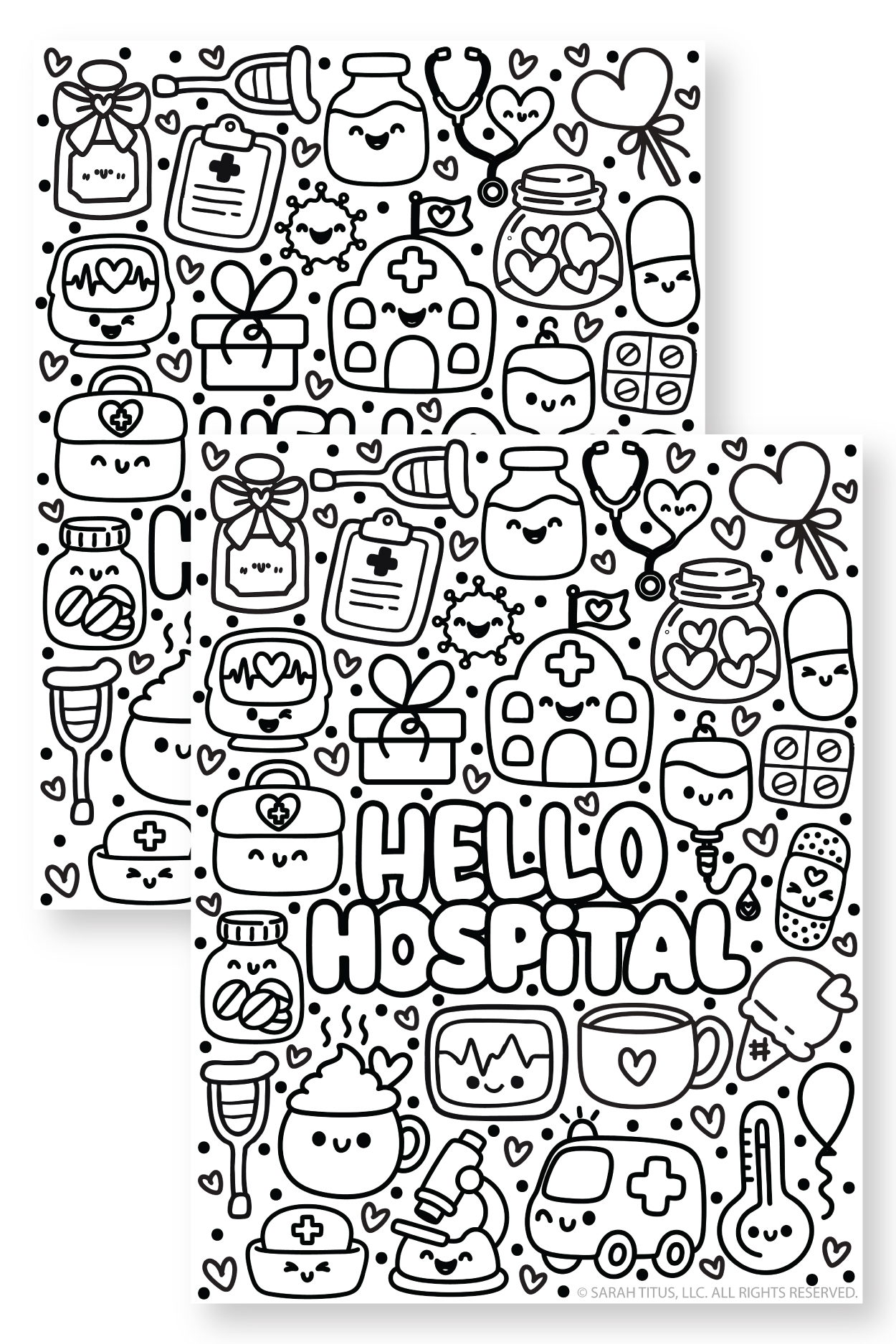 Cute Hello Hospital coloring page printable featuring adorable medical tools, hospital scenes, and friendly healthcare characters