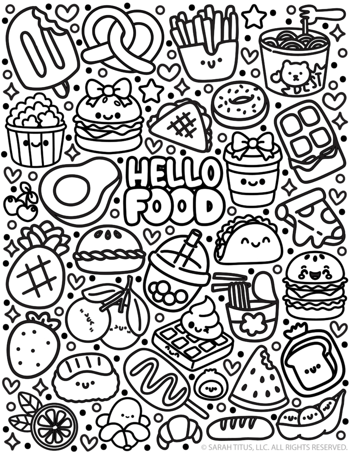 Cute kawaii food coloring page featuring smiling snacks and desserts like burgers, fries, donuts, waffles, ice cream, and fruit in a fun black-and-white doodle style.