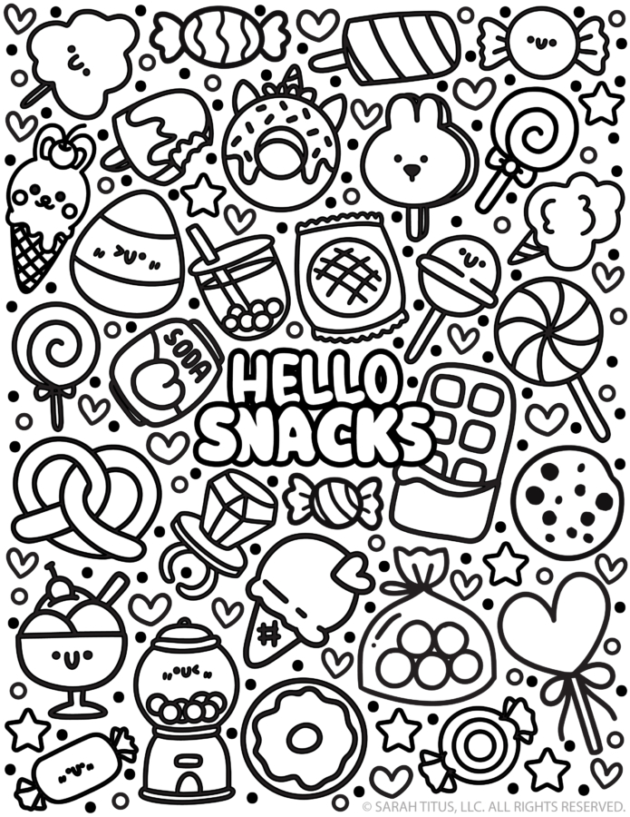 Hello Snacks kawaii coloring page with cute smiling candies, donuts, popsicles, cookies, pretzels, and fun snack doodles in black-and-white line art.