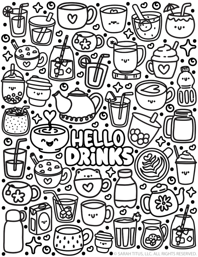Hello Drinks kawaii coloring page featuring cute smiling mugs, coffee, tea, smoothies, bubble tea, and cozy drink doodles in black-and-white line art.