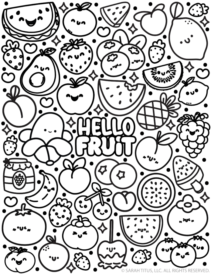 Hello Fruit kawaii coloring page filled with cute smiling fruits like watermelon, strawberries, apples, bananas, and citrus in fun black-and-white line art.