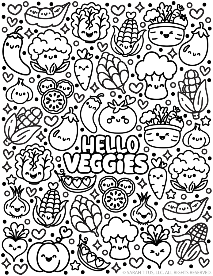 Hello Veggies kawaii coloring page with cute smiling vegetables like carrots, broccoli, corn, peas, tomatoes, and leafy greens in black-and-white line art.