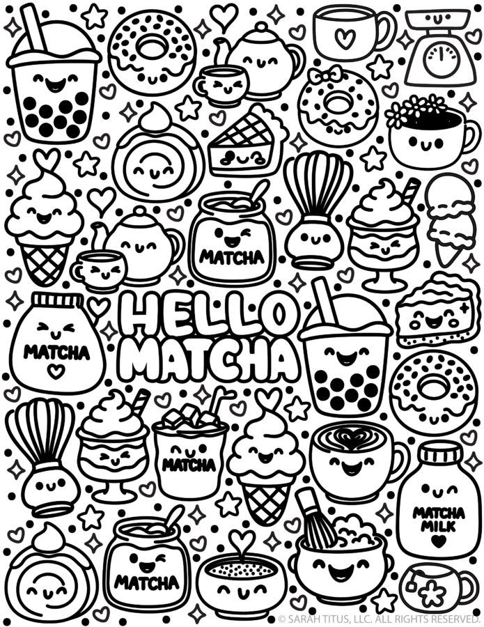 Hello Matcha kawaii coloring page featuring bubble tea, matcha lattes, donuts, ice cream, teapots, whisks, and sweet treats.