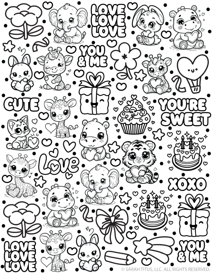 Free printable love stickers with cute baby animals like elephant, bunny, giraffe, hippo, tiger, hearts, cupcakes, bows, and sweet love phrases sticker sheet