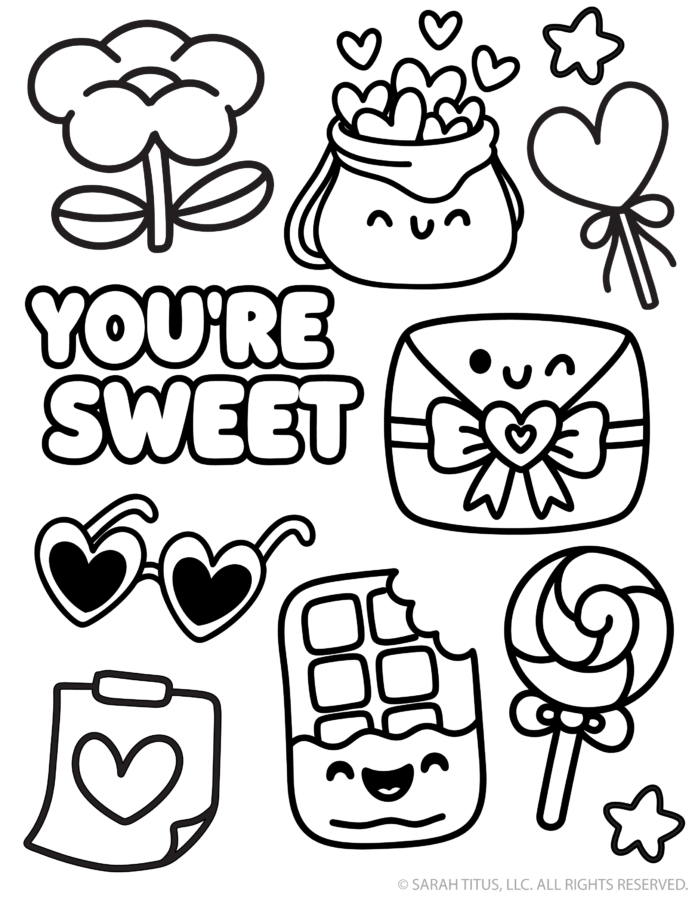 Kawaii Valentine Box Stickers To Color: colorable Valentine box decorations printable with you’re sweet lettering, heart sunglasses, love envelope with bow, chocolate bar, lollipop, shopping bag, flower, and a heart filled jar.