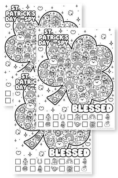St. Patrick’s Day I Spy game for kids featuring cute Irish themed illustrations for holiday fun.
