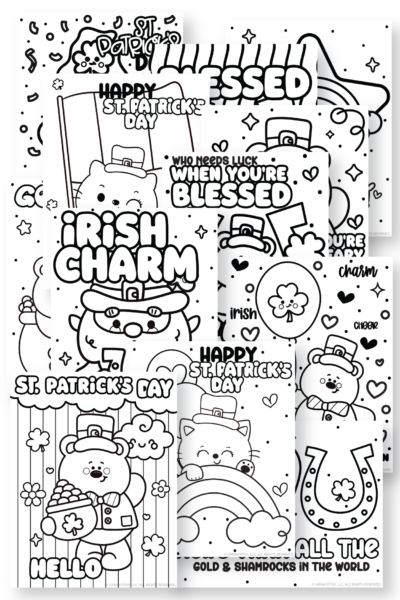 St. Patrick’s Day coloring pages free printable set collage with cute kawaii designs