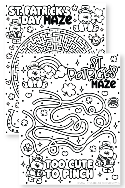 St. Patrick’s Day mazes printables for kids featuring cute leprechauns, shamrocks, rainbows, and fun holiday maze games.