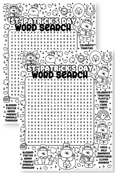 St. Patrick’s Day word search for kids featuring cute leprechaun illustrations and festive Irish vocabulary.