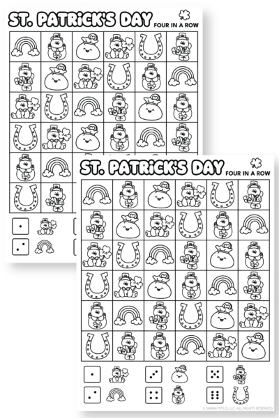 St. Patrick’s Day Four in a Row printable game for kids featuring fun Irish themed illustrations.