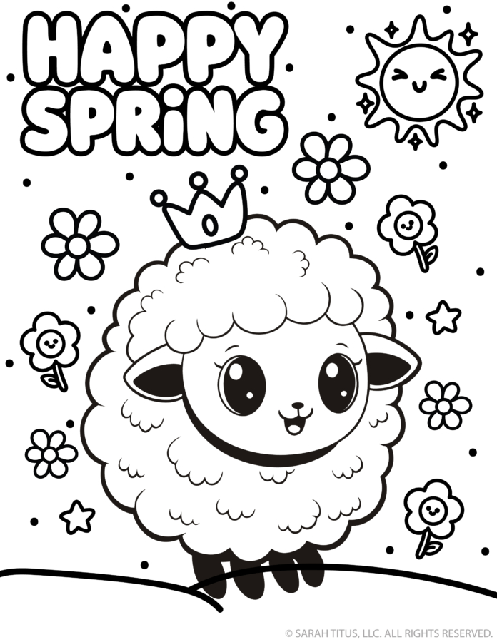 happy spring coloring page with cute lamb wearing a crown, flowers, and sunshine
