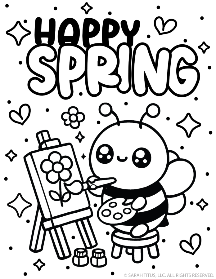 happy spring coloring page with cute bee painting a flower on an easel