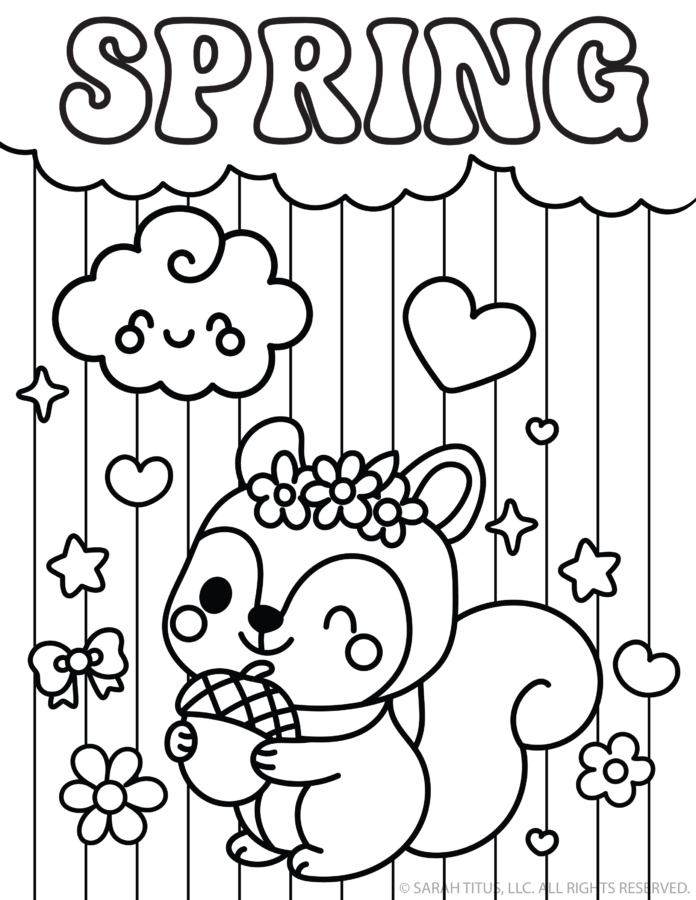 spring coloring page with cute squirrel holding an acorn, flower crown, and hanging hearts