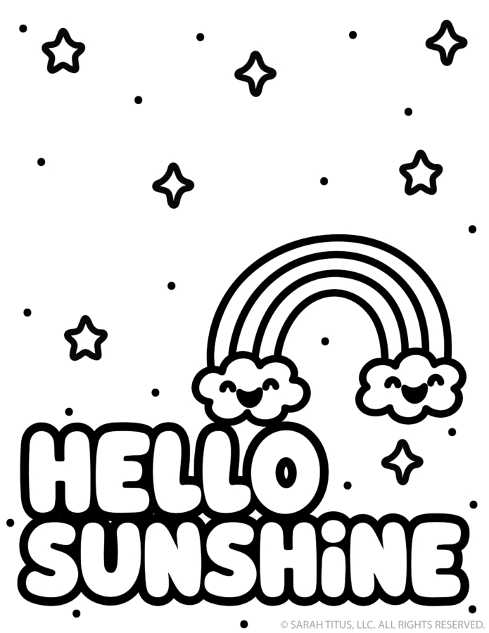 hello sunshine spring coloring page with rainbow and two smiling clouds