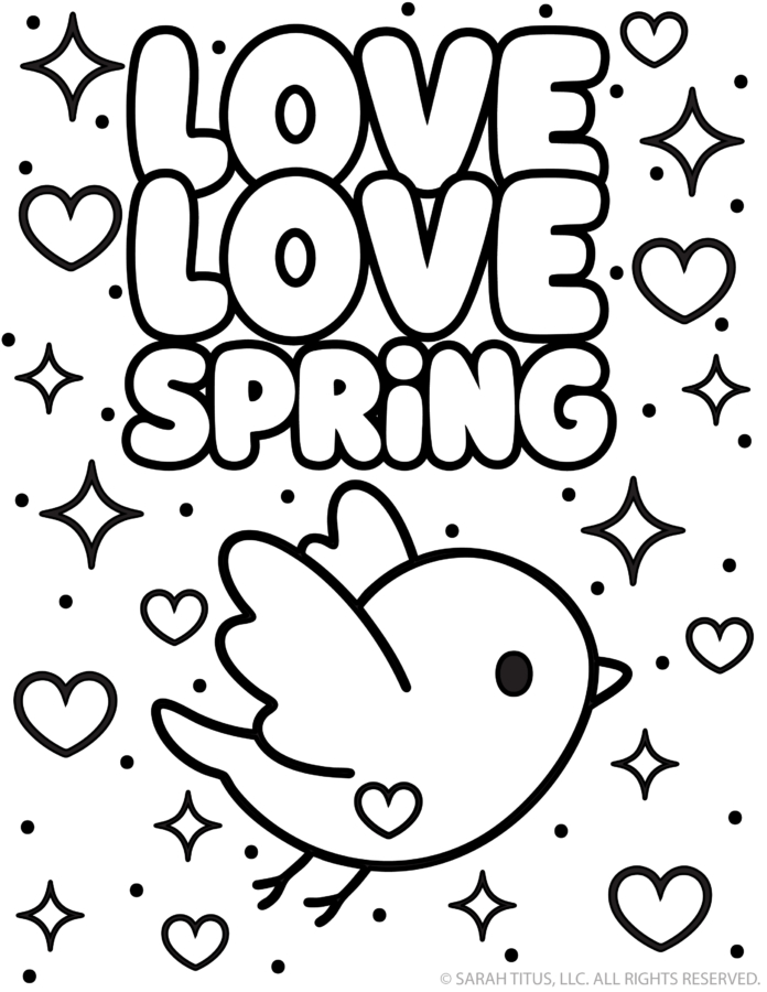 love love spring coloring page with cute bird and hearts
