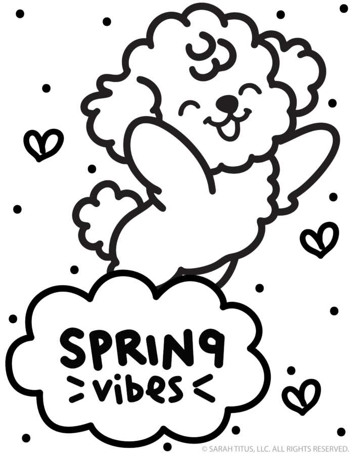 spring vibes coloring page with cute dancing fluffy dog and hearts