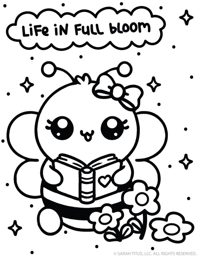 life in full bloom spring coloring page with cute bee reading a book and flowers