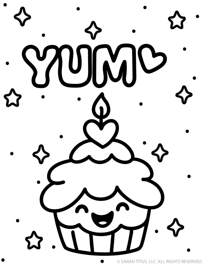 yum cupcake coloring page with heart candle and cute spring doodles