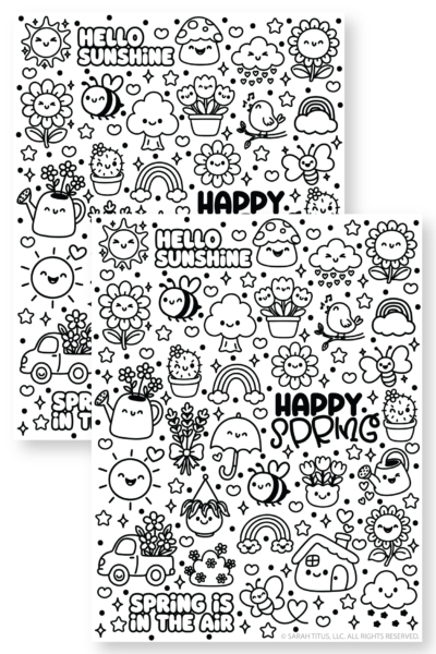 Cute spring sticker printable featuring floral doodles, happy spring phrases, butterflies, and garden icons for craft activities and decorating.