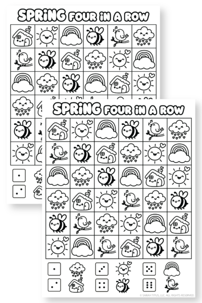 Free spring four in a row game for kids featuring adorable spring doodles and a fun printable board game activity.