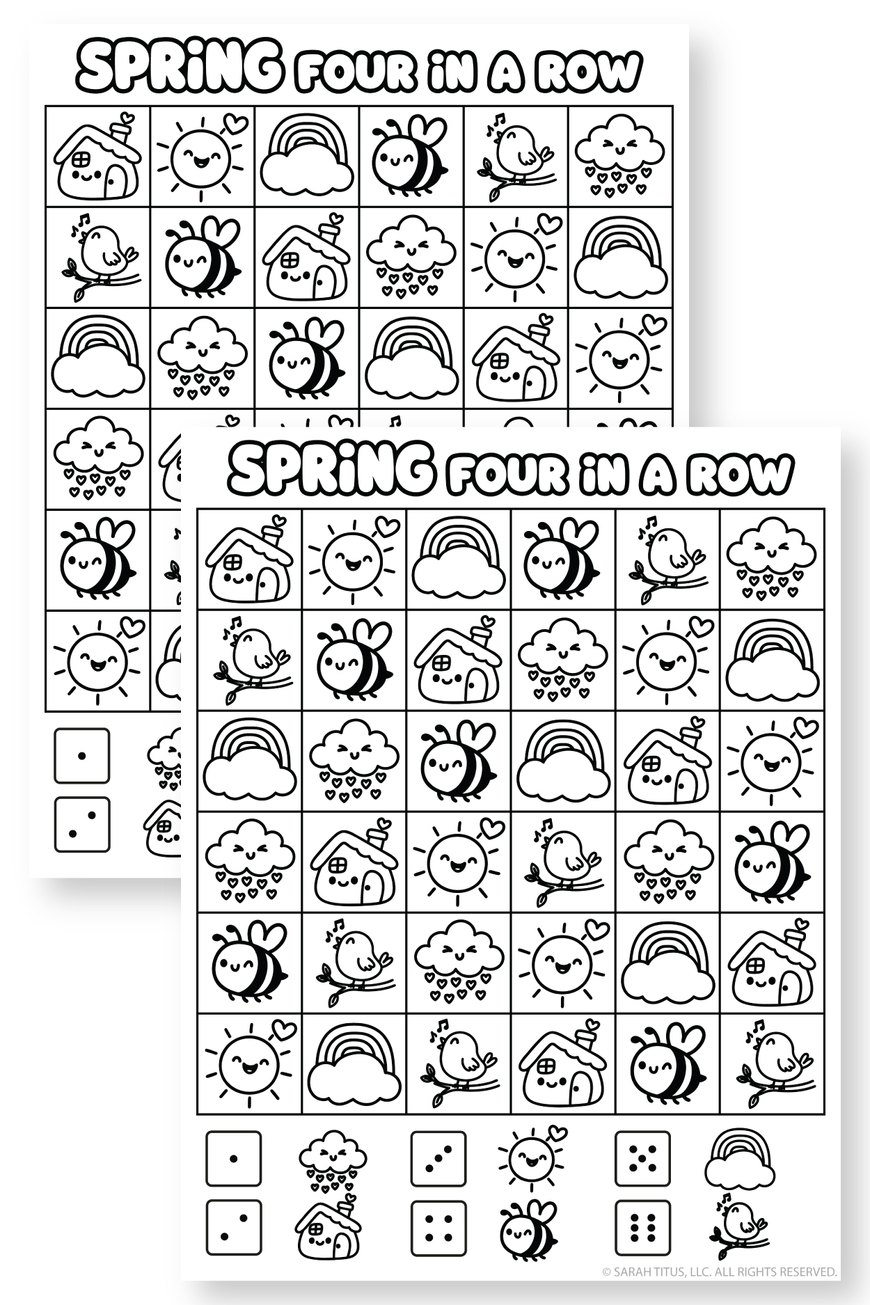 Free spring four in a row game for kids featuring adorable spring doodles and a fun printable board game activity.