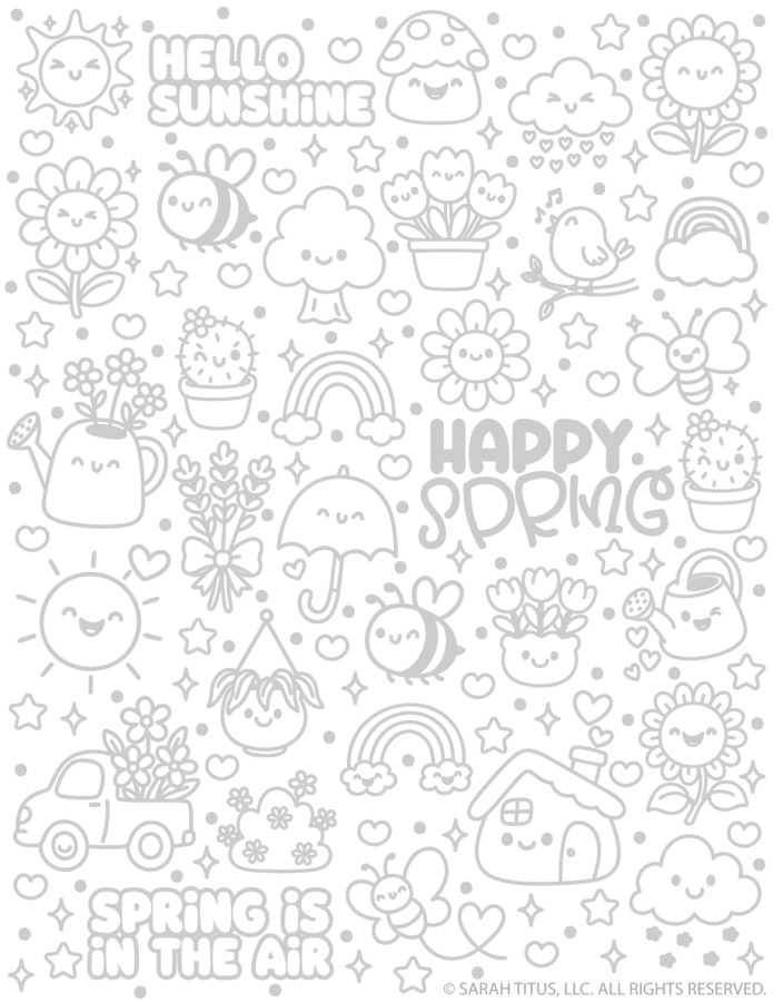 Spring hand lettering practice sheet with cute doodles, flowers, bees, and seasonal words for tracing and lettering practice.