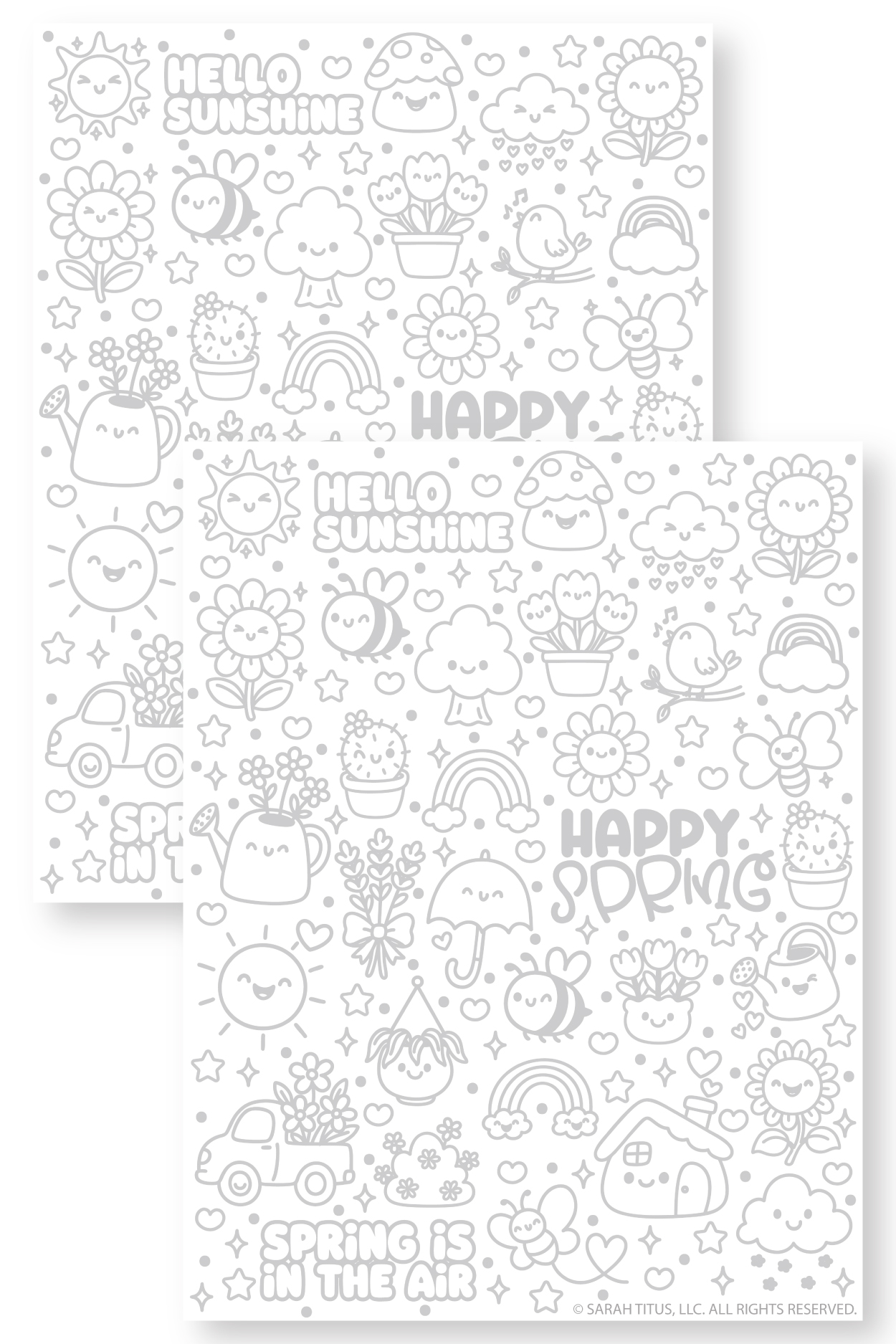 Printable spring hand lettering worksheet featuring happy spring phrases, floral doodles, and tracing practice for beginners.