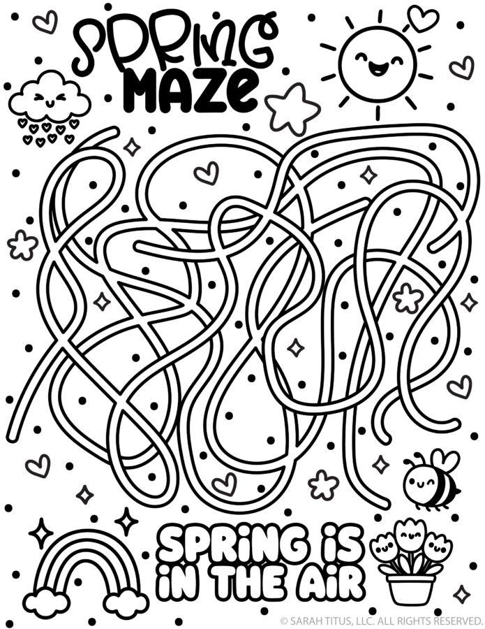 Spring maze printable for kids with cute sunshine, rainbow, flowers, and a fun springtime maze activity.