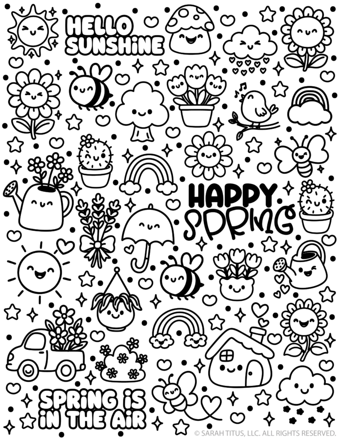 Spring stickers printable with cute flowers, bees, rainbows, sunshine, and garden doodles for kids coloring and decorating.