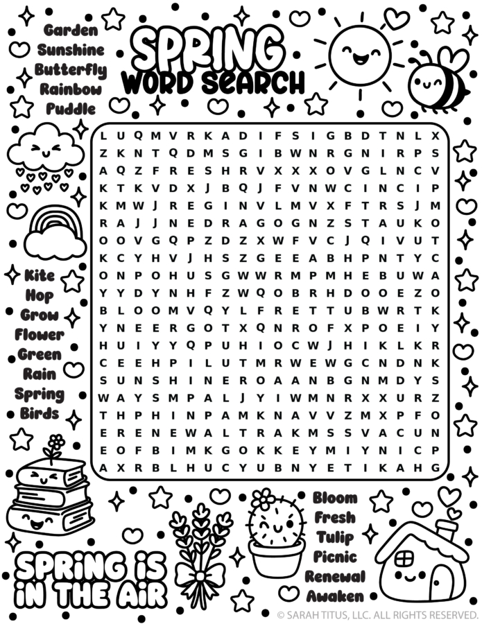 Spring word search printable with cute seasonal doodles, flowers, sunshine, and spring vocabulary puzzle for kids.