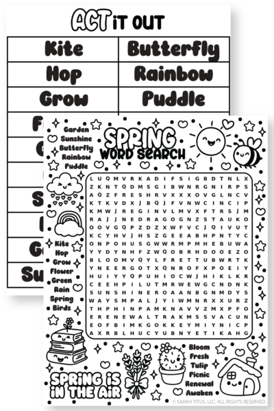 Two page spring printable activity set preview showing a spring word search puzzle with cute black and white doodle border and an Act It Out charades word list page with spring vocabulary words like kite, butterfly, rainbow, puddle, bloom, and sunshine.