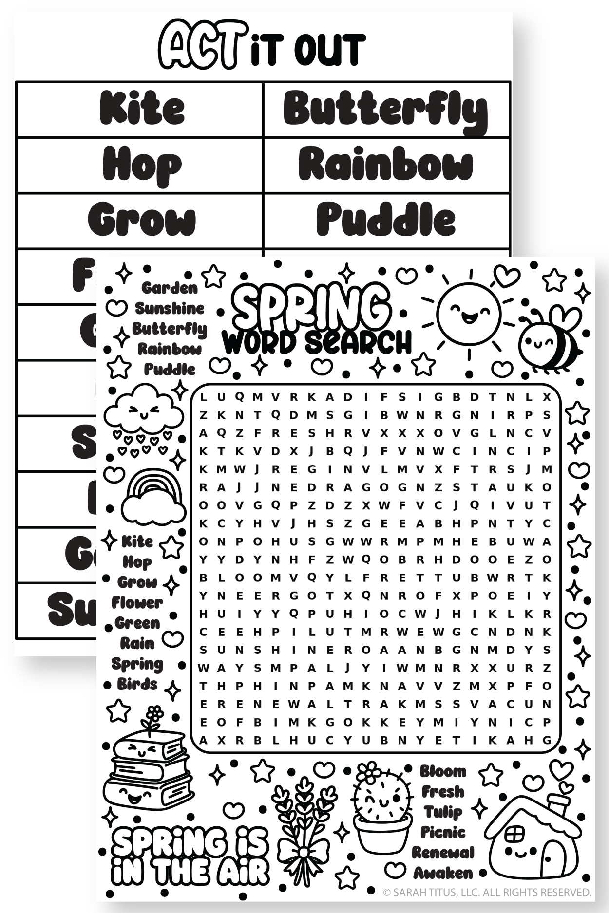 Two page spring printable activity set preview showing a spring word search puzzle with cute black and white doodle border and an Act It Out charades word list page with spring vocabulary words like kite, butterfly, rainbow, puddle, bloom, and sunshine.