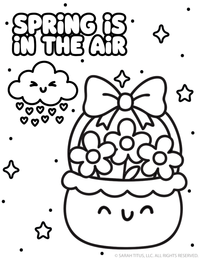 spring is in the air coloring page with kawaii flower pot, bow, flowers, and heart raindrops cloud