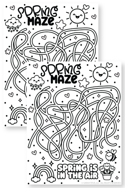 Free spring maze worksheet featuring playful doodles, happy spring characters, and an engaging maze for children.