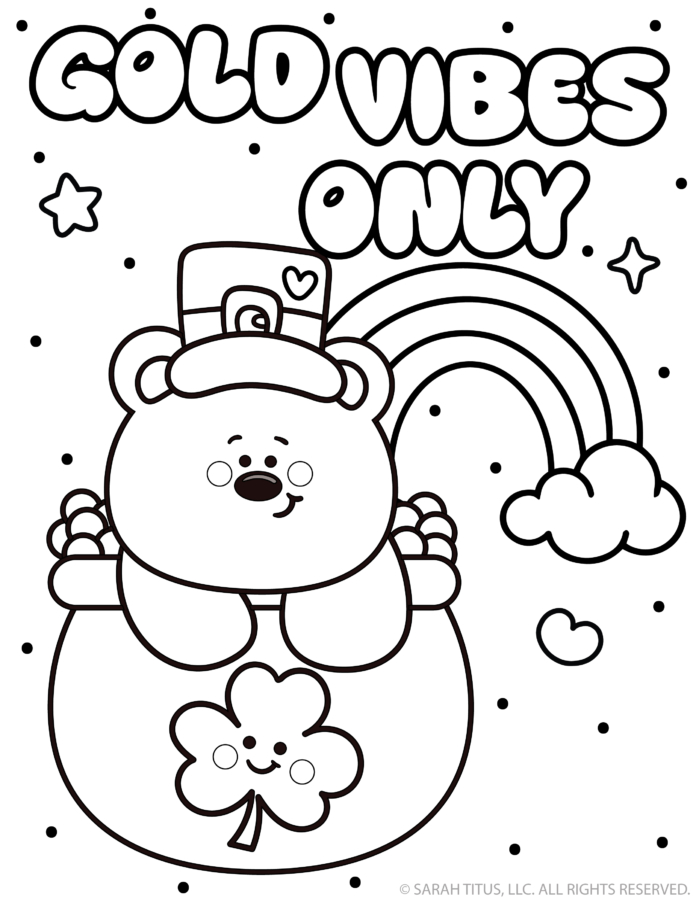 Gold vibes only coloring page with cute bear in pot of gold and rainbow