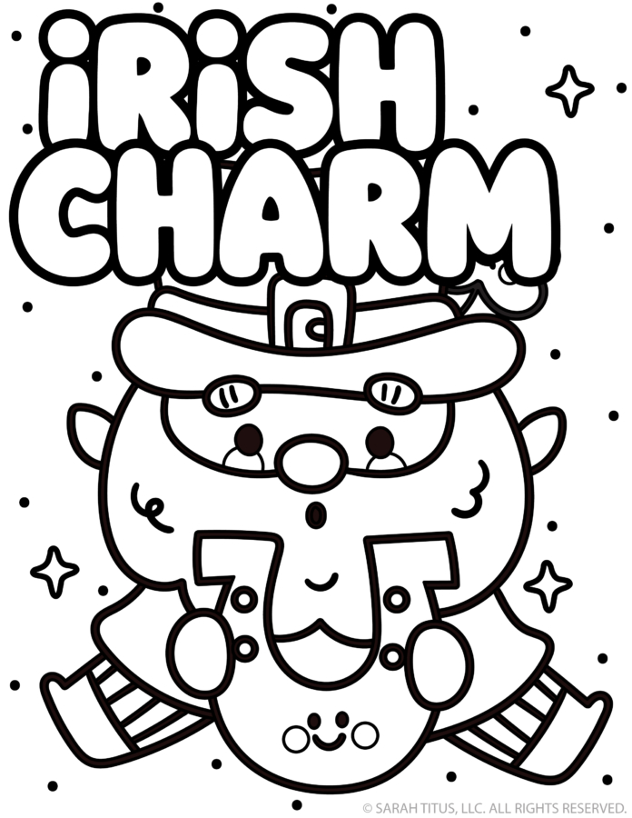 Irish charm coloring page with cute leprechaun face and horseshoe
