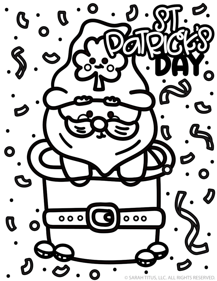 St. Patrick’s Day coloring page with cute leprechaun in pot and confetti