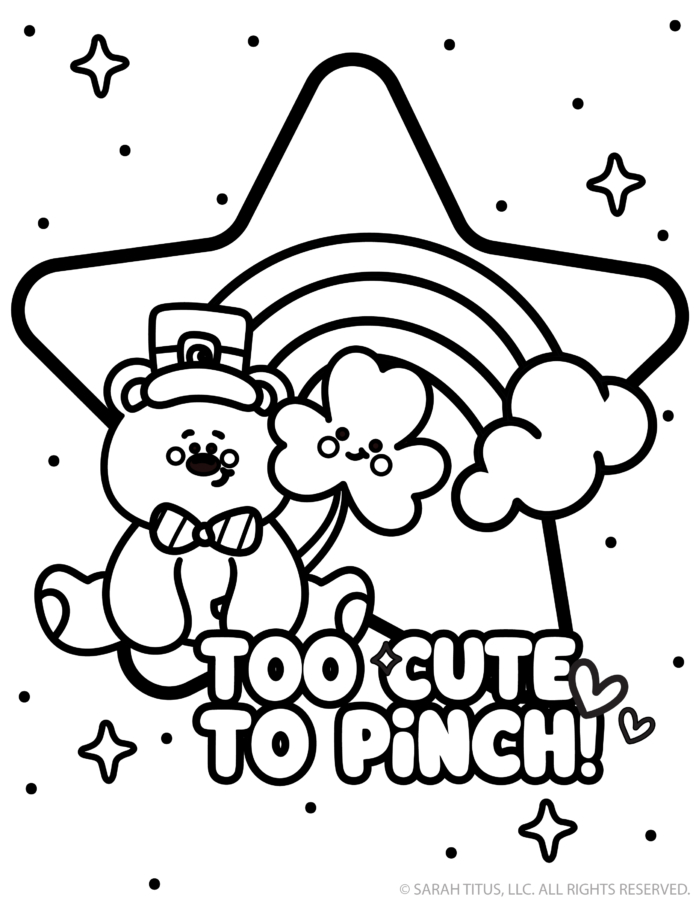 Too cute to pinch coloring page with cute bear shamrock and rainbow
