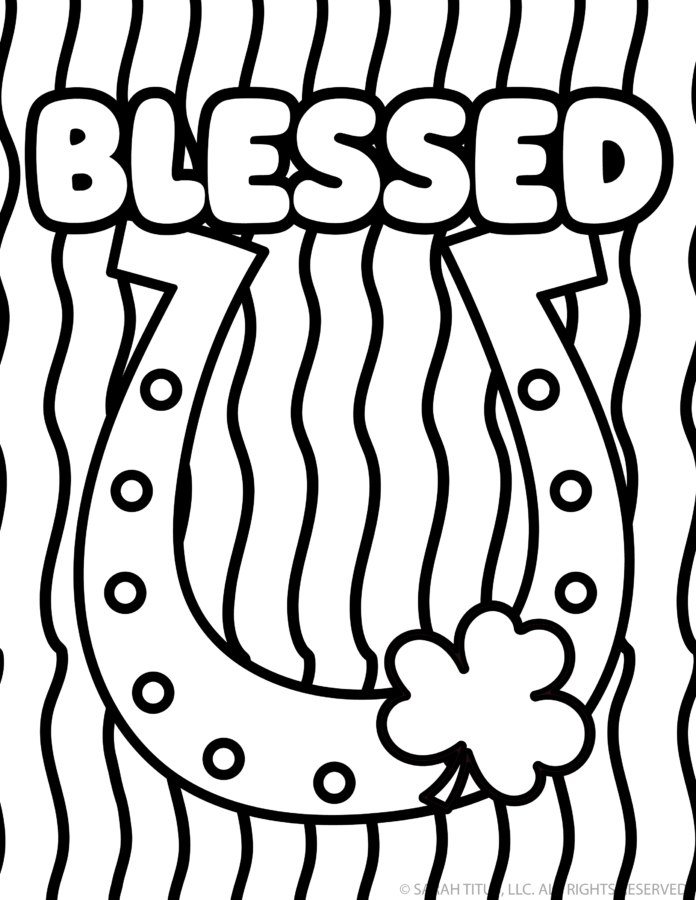 Blessed coloring page with horseshoe shamrock and wavy background