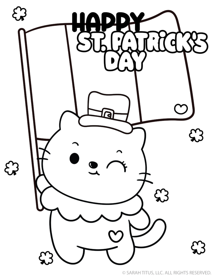 Happy St. Patrick’s Day coloring page with cute cat holding a sign