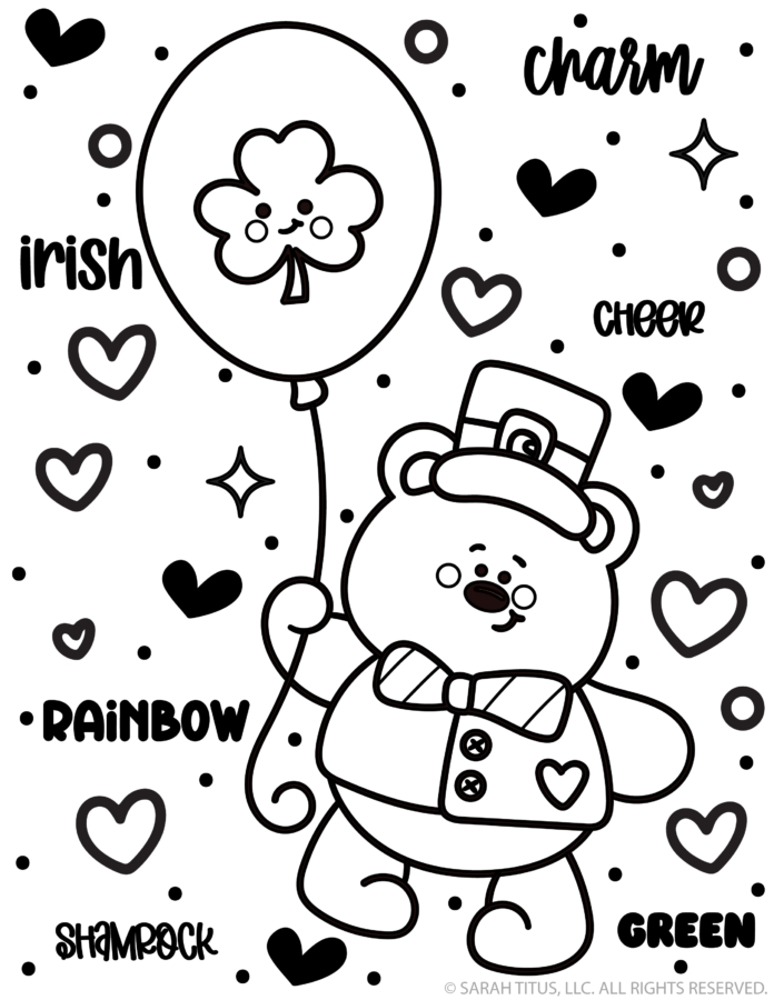 St. Patrick’s Day coloring page with bear holding shamrock balloon and cute hearts
