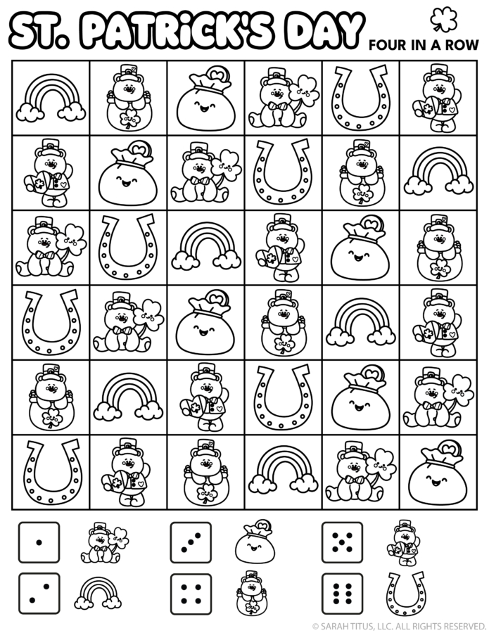 St. Patrick’s Day Four in a Row game printable with leprechauns, rainbows, shamrocks, and lucky icons.