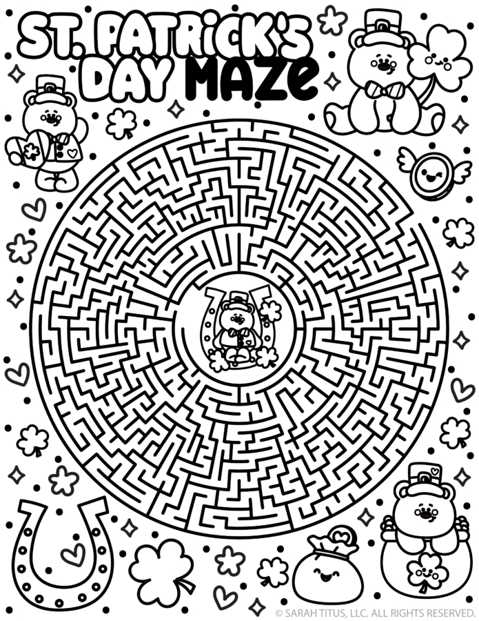 St. Patrick’s Day Maze printable with leprechauns, shamrocks, and a fun circular maze for kids.