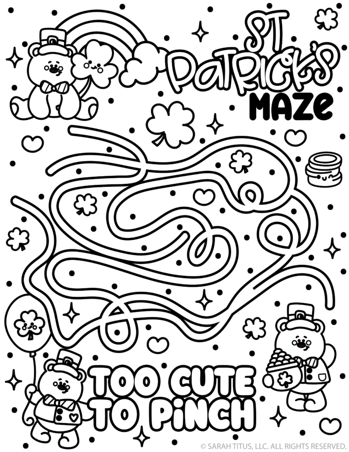 St. Patrick’s Day maze printable with cute leprechauns, shamrocks, rainbows, and a fun holiday maze for kids.